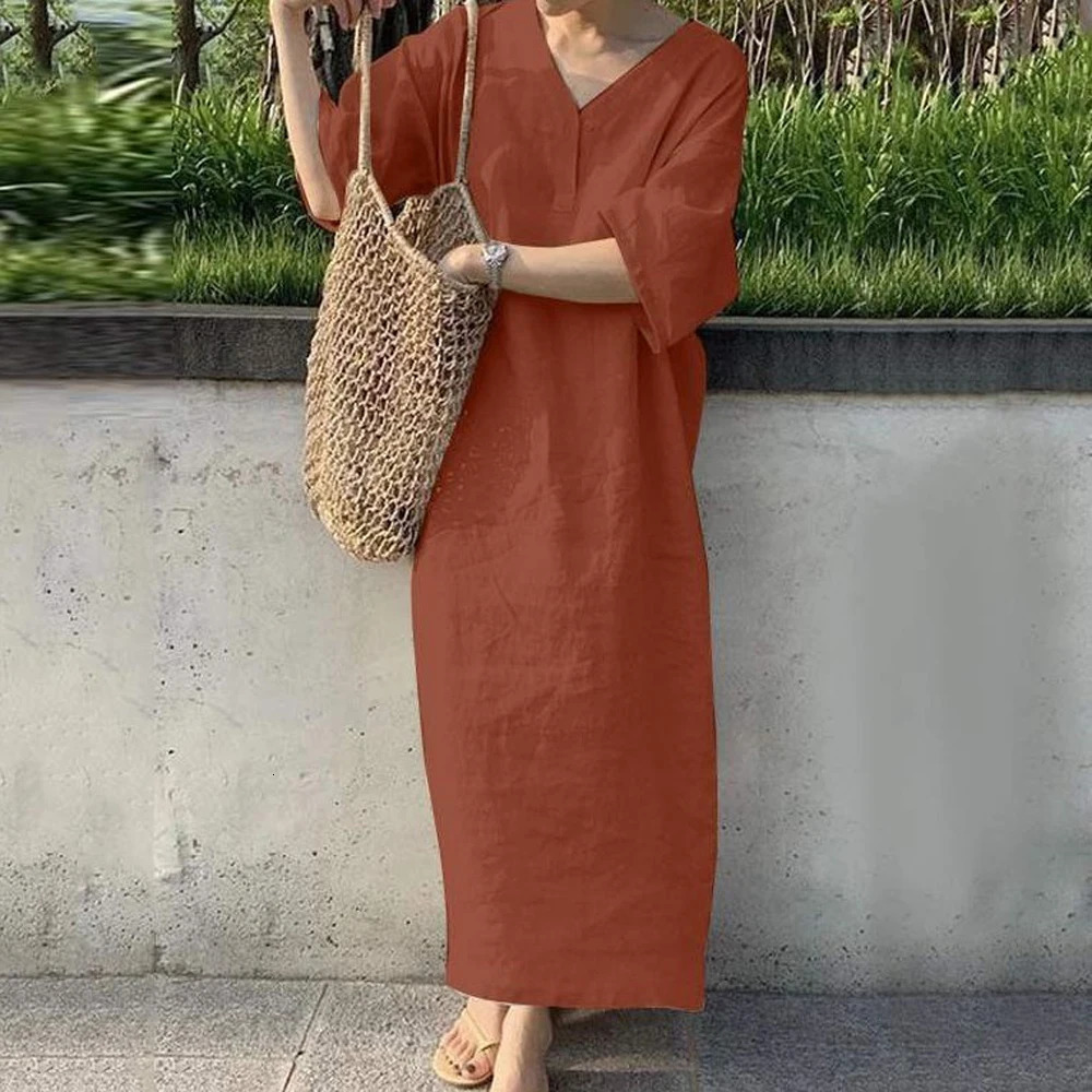 Women V Neck Button Short Sleeve Loose Maxi Dress Summer Female Holiday Beachwear Sand Straight Cotton Linen Party Dress 240808