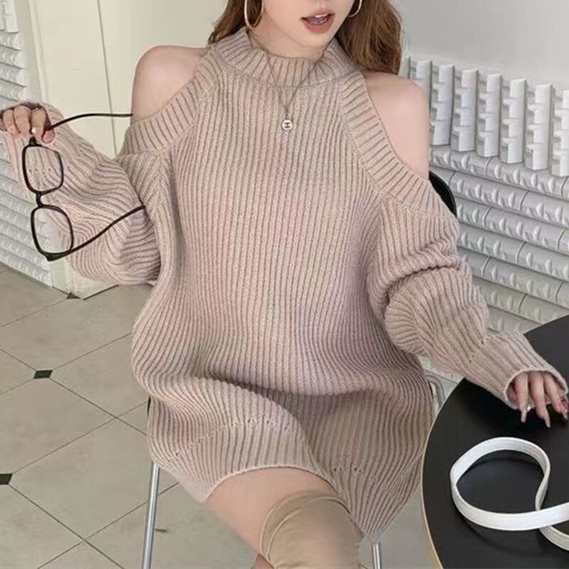Hollow out woolen dress, women's autumn new design, Korean version, off shoulder long sleeved loose knit dress f9e3c 1abbc