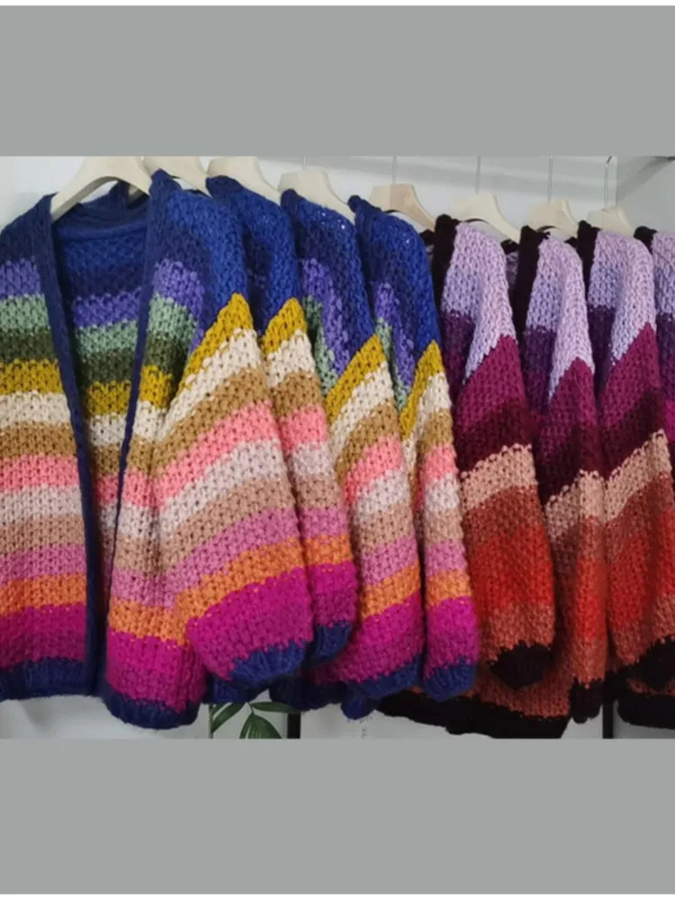 Thick Striped Crochet Knit Cardigans Multicolor Casual Long Sleeve Open Stitch Sweaters Women Loose Handmade Streetwear 240808