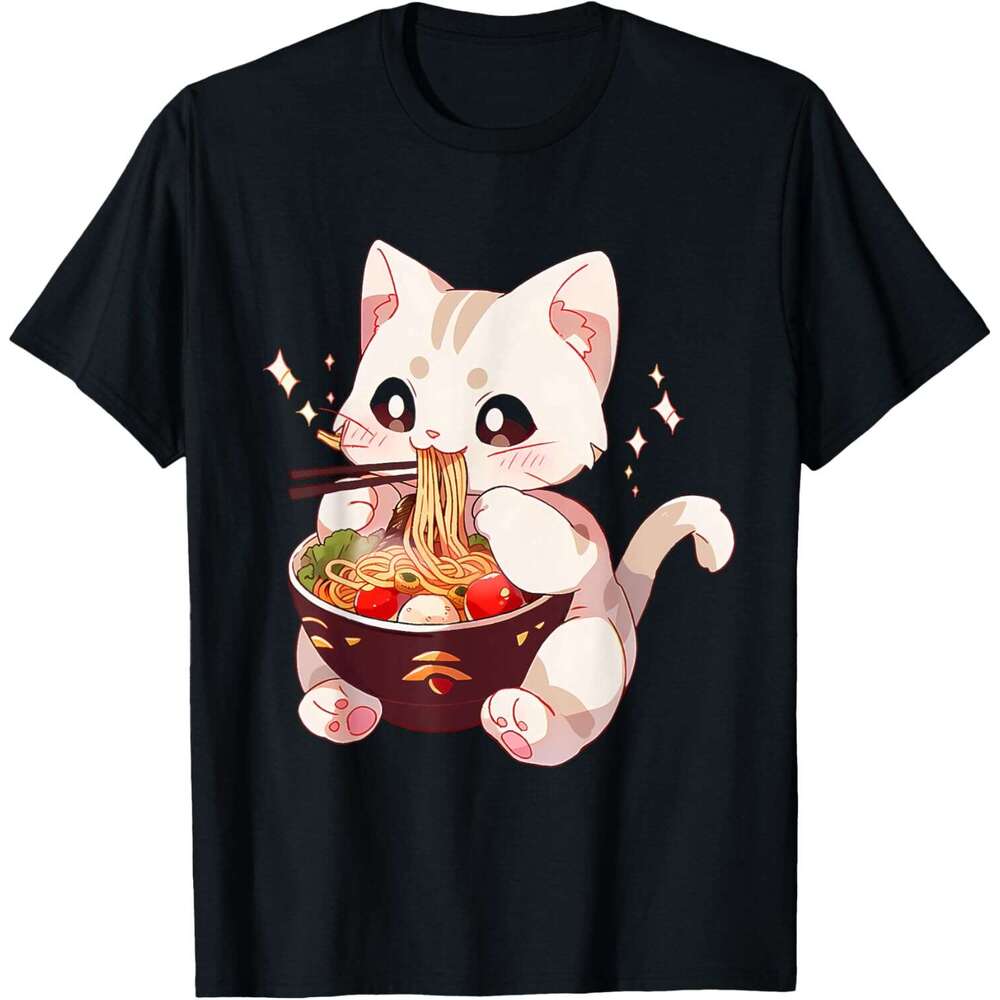 T shirt for Mens Cute Cat Ramen Noodles Kawaii Anime Girls Teen Japanese Food T-Shirt Shirts Tshirt Graphic Tee Casual Tops Clothes Short sleeve