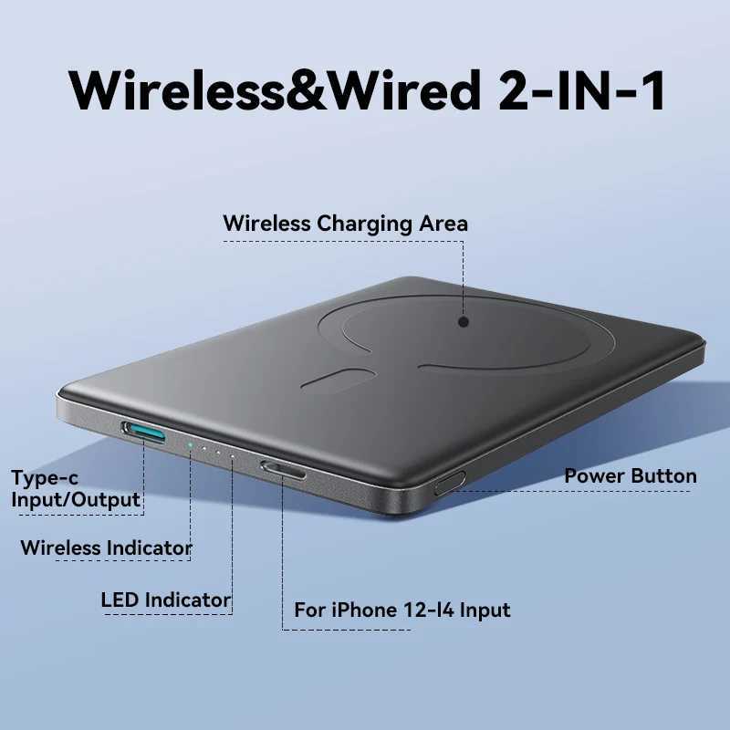JOYROOM 0.35 Inches Ultra Slim Power Bank for Magsafe 5000mAh Wireless Portable Charger with USB-C Cable for iPhone15/14/13/12CL240808