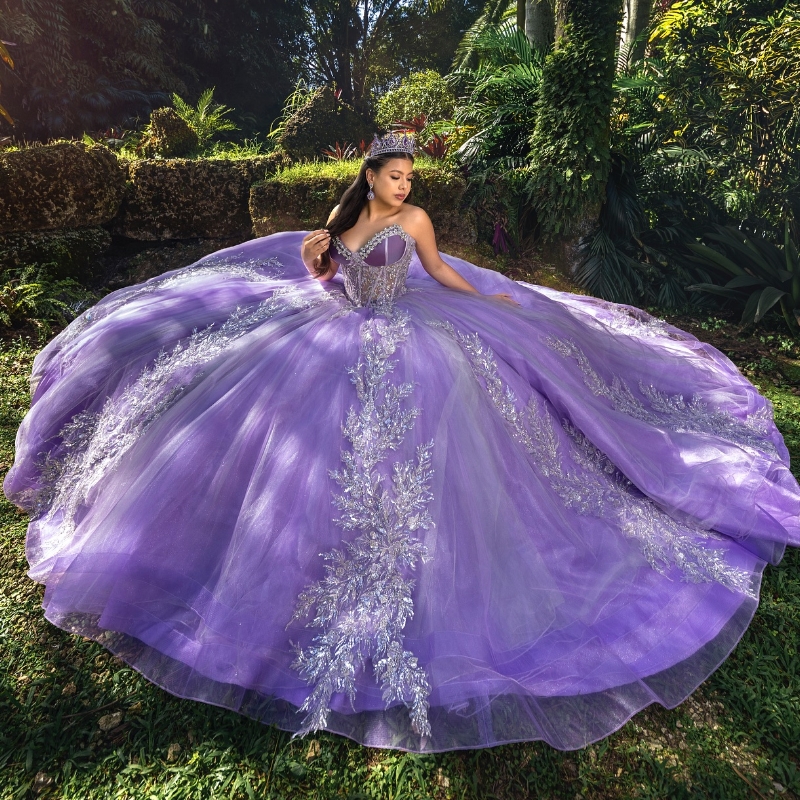 Sparkly Lavender Quinceanera Dress Ball Gown Off The Shoulder Applique Lace Beaded Crystal Tull Corset Sweet 16 Vestidos De 15 Anos