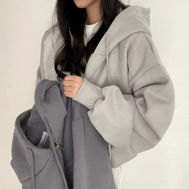 Retro Casual Basic Hoodies Women Solid Pockets Long Sleeve Hoodie Zip Up Autumn Fashion Sweatshirts Oversized Chic Streetwear 240824