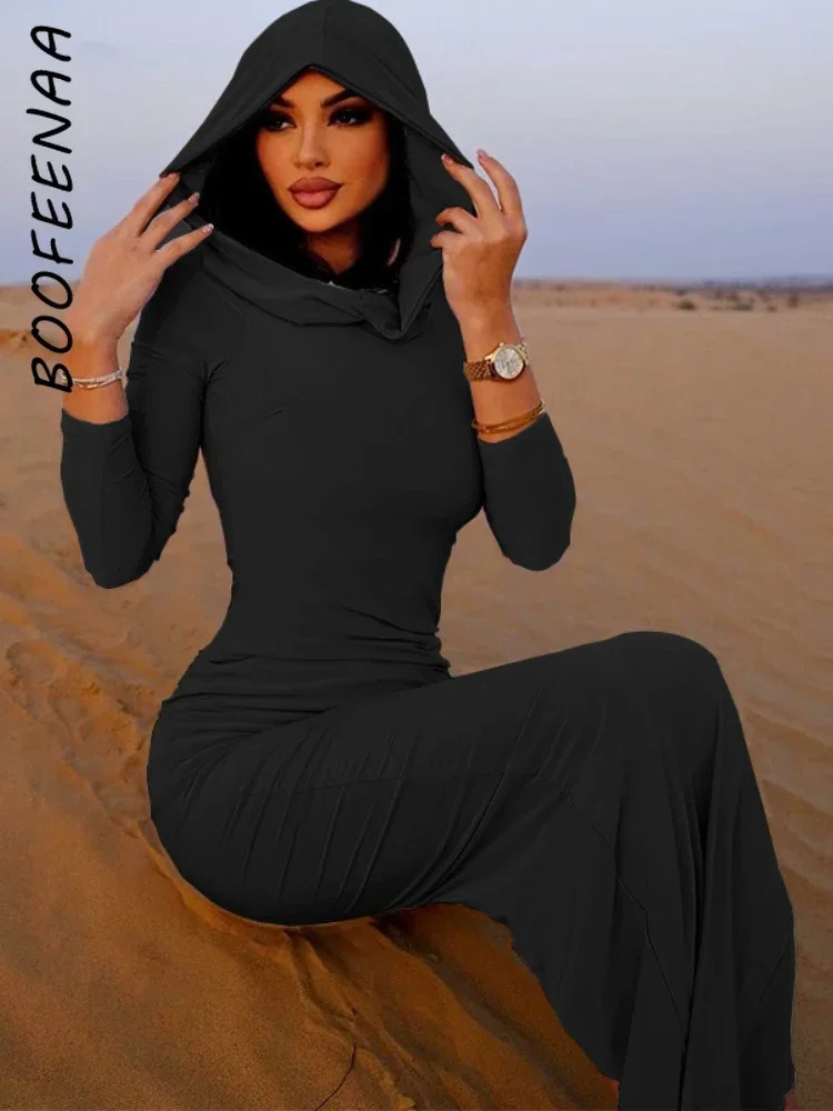 BOOFEENAA Hooded Long Sleeves Fitted Dress for Women Elegant Sexy Back Slit Bodycon Maxi Dresses Street Style C70-CD35 240808
