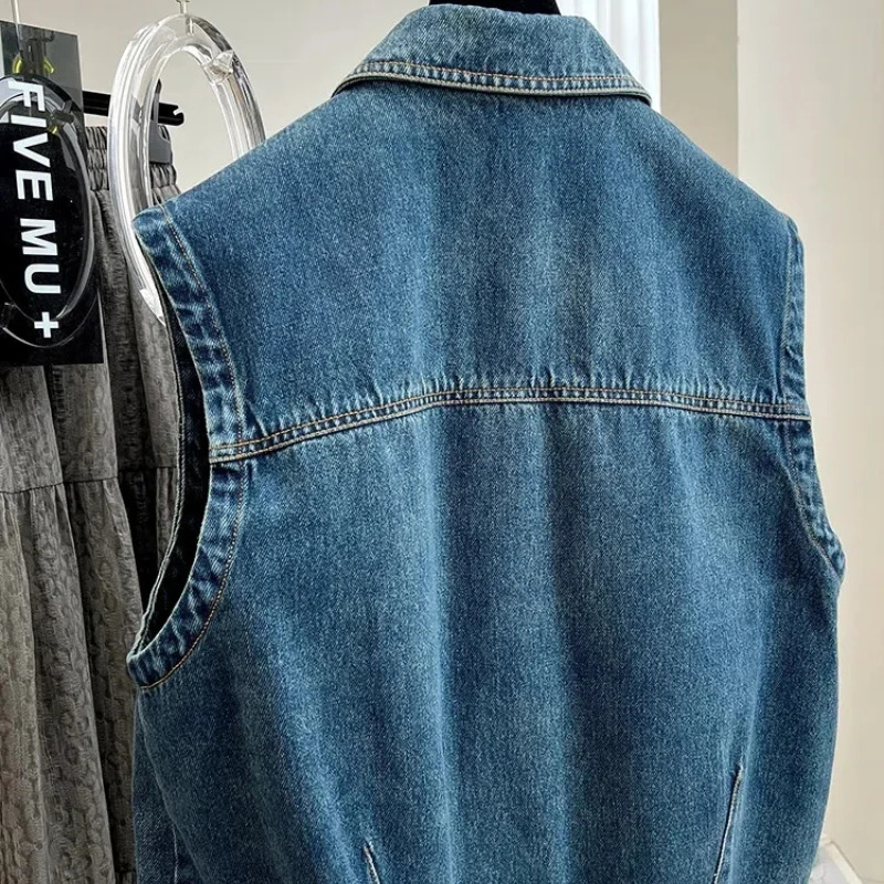 Autumn Womens Patchwork Turn-down Collar Button Pocket Fashion Solid Color Casual Loose Sleeveless Cowboy Vest Tops 240808