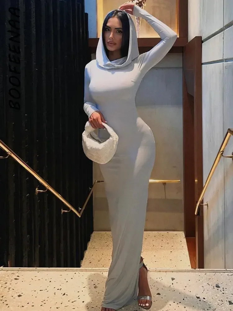 BOOFEENAA Hooded Long Sleeves Fitted Dress for Women Elegant Sexy Back Slit Bodycon Maxi Dresses Street Style C70-CD35 240808