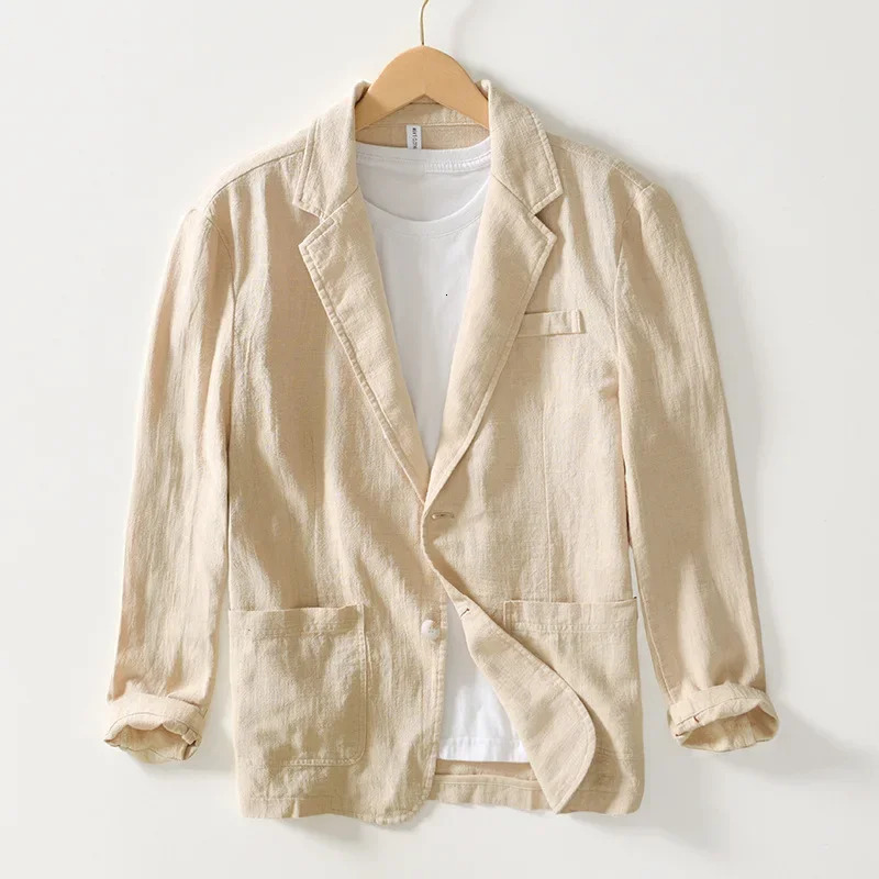 White blue black Spring Casual Linen and Cotton Safari Suits for Men Clothing Solid Color Blazers Jackets Oversize 240807