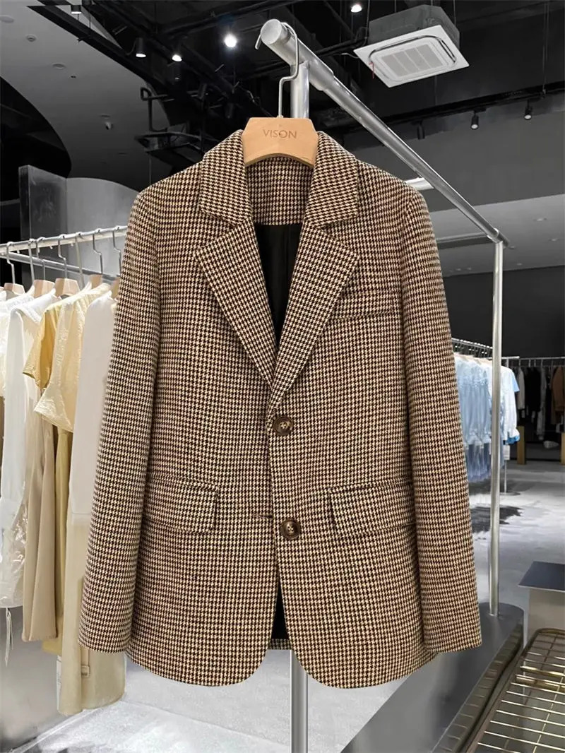 Retro Plaid Woolen Suit Coat For Womens Winter High Grade College Style Fashion Versatile Top Blazer Jacket Z3502 240808