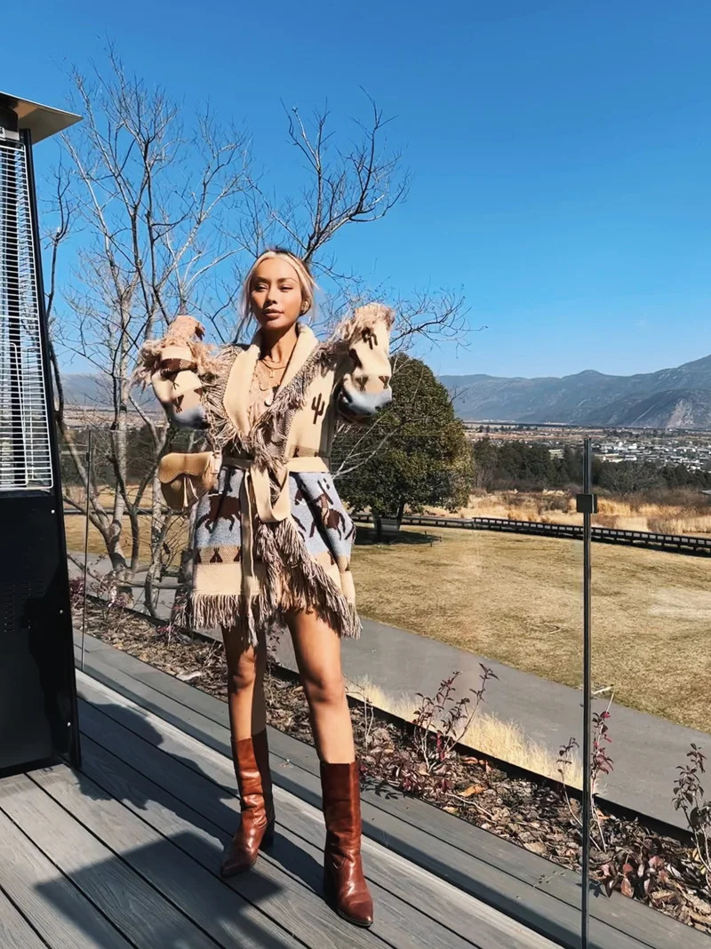 flordevida Oversized Jacquard Cardigan sweater fringe hem belt tied cardigan women autumn winter warm boho cardigan sweater 240808