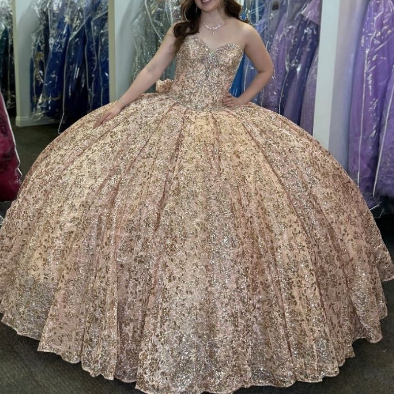 Sparkly Rose Gold Ball Gown Quinceanera Dress With Bow Sweetheart Applique Bead Crystal Birthday Party Sweet 16 Vestidos De 15 Anos