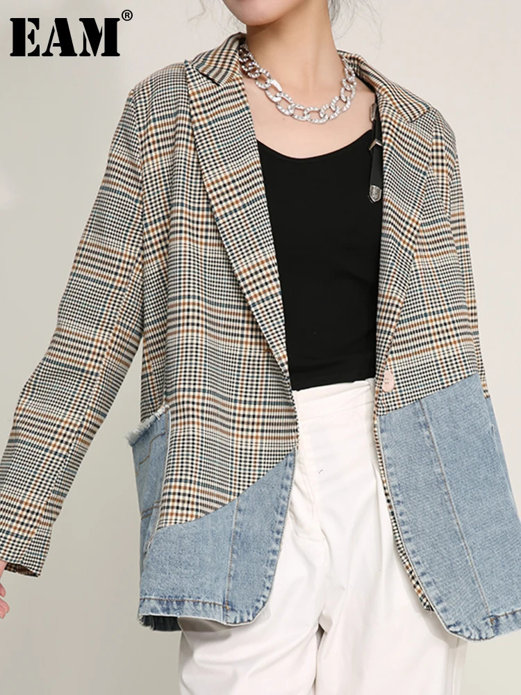 EAM Women Blue Plaid Denim Big Size Blazer Lapel Long Sleeve Loose Fit Jacket Fashion Spring Autumn 1DD641005 240808