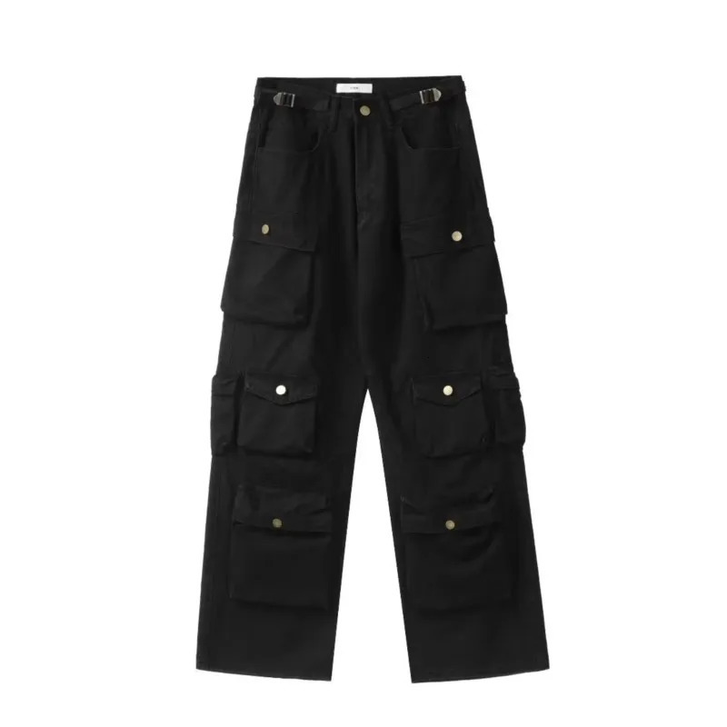 Spring Cargo pants Rice White Multi-pockets Overalls Harajuku stays Men Loose Casual Trousers Straight Mopping Pants 240814