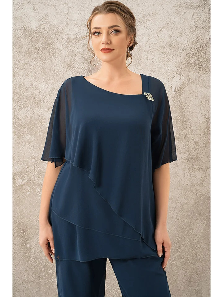 Women Pant Matching Set Plus Size Mother Of The Bride Decorative Button Single Cape Asymmetrical Hem Chiffon Two Piece Pant Suit 240813