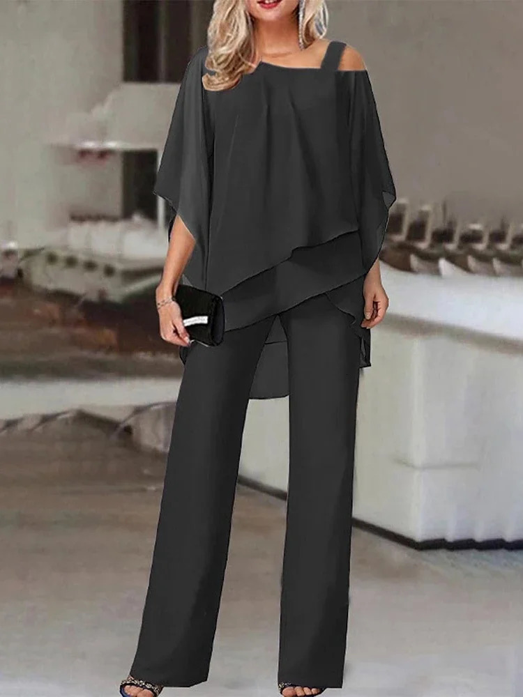 Matching Collection Fashion Womens Bat Sleeve Top Casual Off Shoulder Party Elegant Wide Leg Pants Womens Two Piece Set 240813