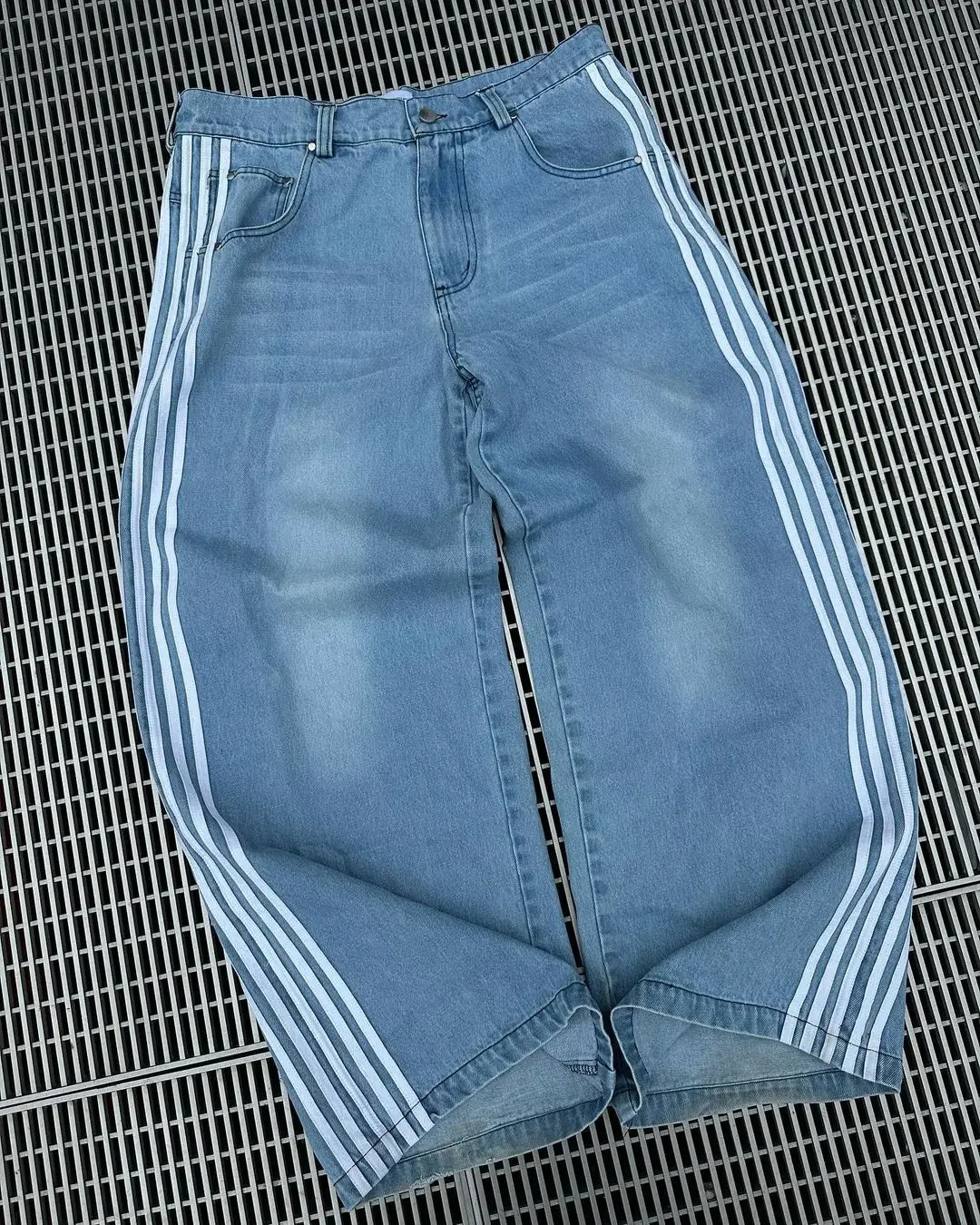 Classic Side Stripe Baggy Jeans Y2k High Waisted Wash Blue Women Denim Pants Korean Fashion Casual Straight Men Clothing y240810