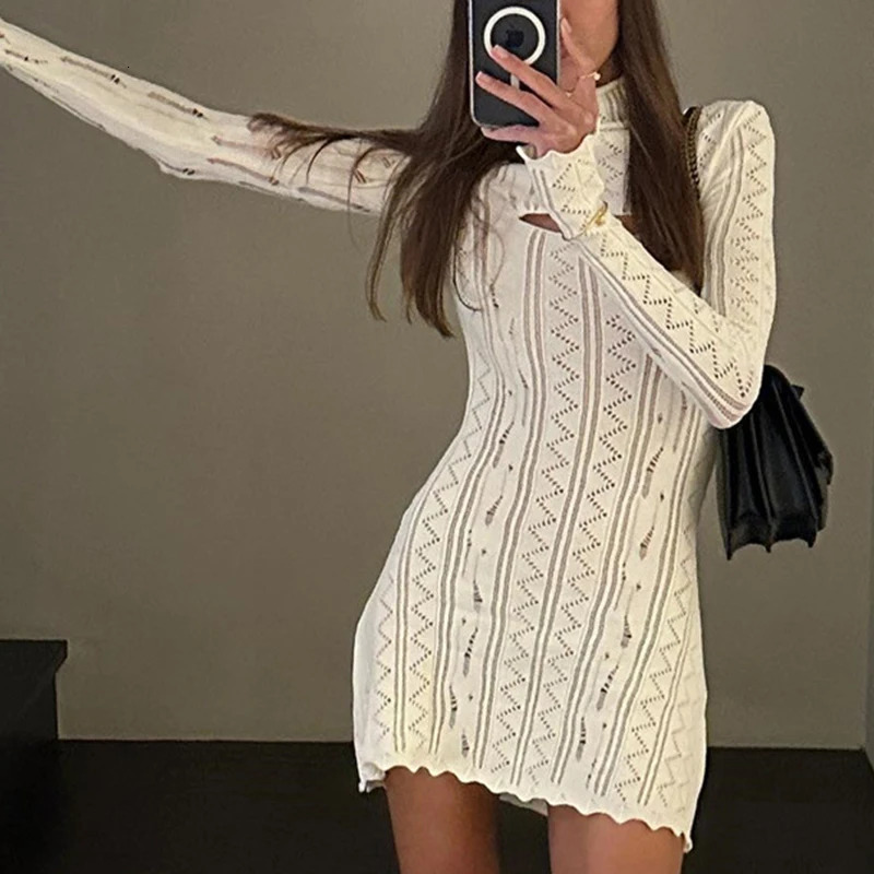 Spring Turtleneck Hollow Out Knitted Dress Women Sexy Wave Jacquard Mini Short Dress Autumn Long Sleeve Bodycon Party Dress 240808