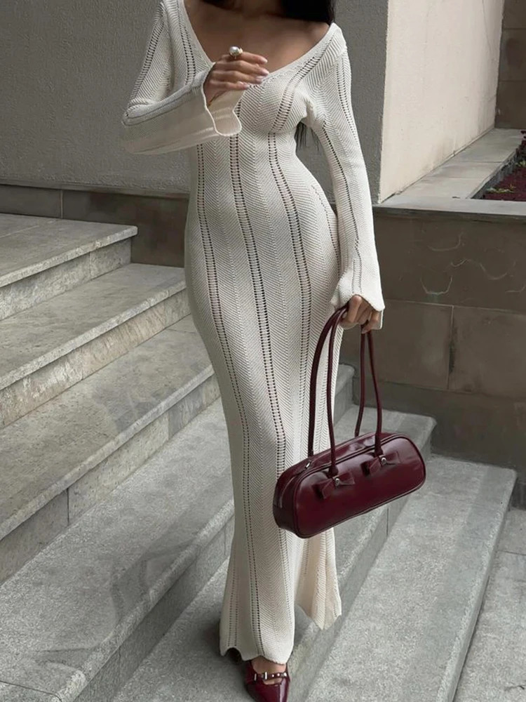 Fantoye Knitted Sexy Hollow Out Maxi Dress For Women Black Long Sleeve Off Shoulder Dress Female Slim Elegant Vacation Beachwear 240808