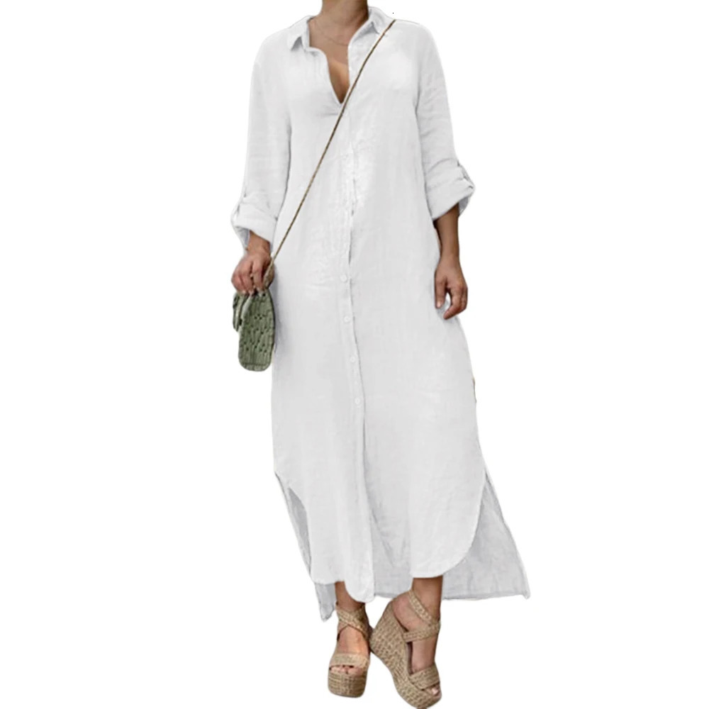 Plus Size Cotton Linen Long Dress for Women Clothing Autumn Oversize Vestido Shirt Dress Female Loose White Black Skirt 240808