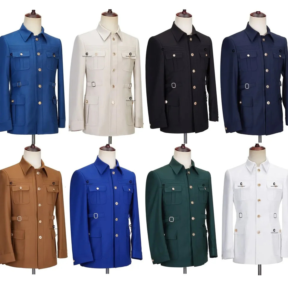 Safari Style Suits For Men Skinny Formal Polo Collar Blazer Pants 2Pcs Set TailorMade Casual Daily Suit Jacket Costume Homme 240807
