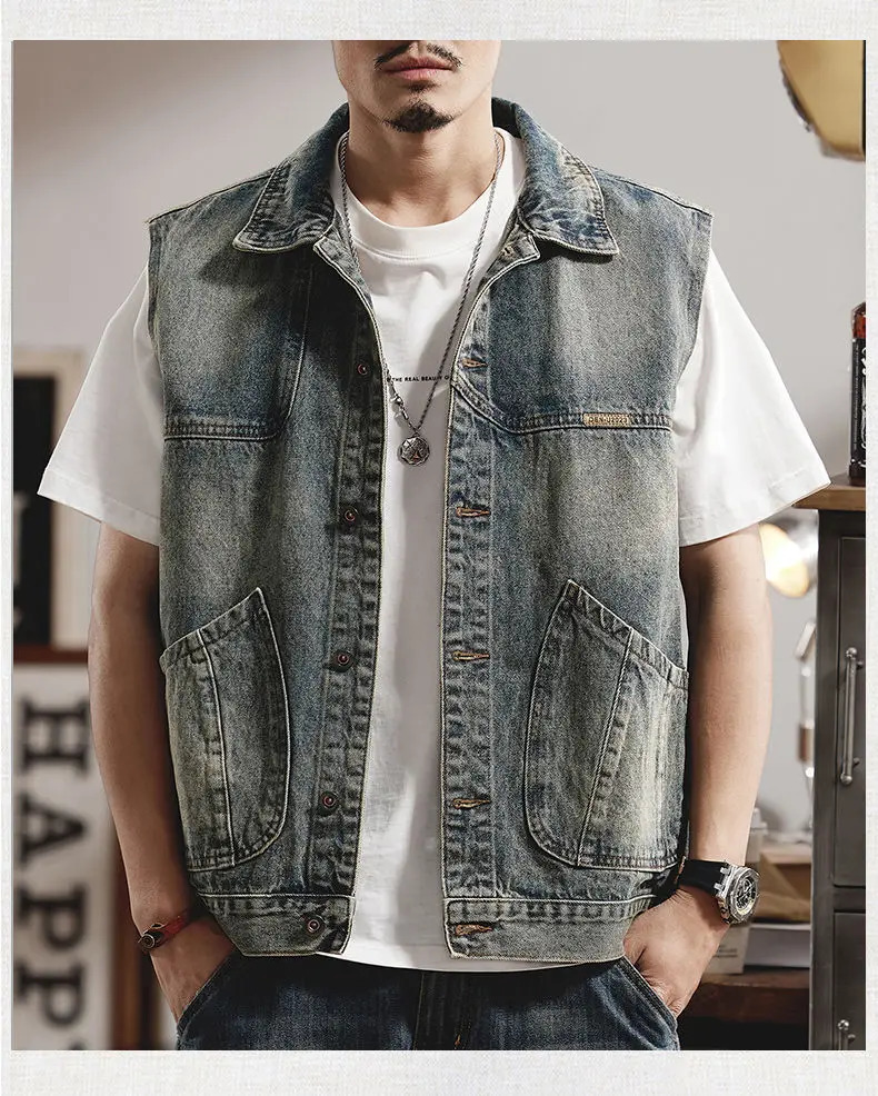 Mens summer high street retro motorcycle riding denim vest fashionable loose large pocket work jacket mens clothing 240807