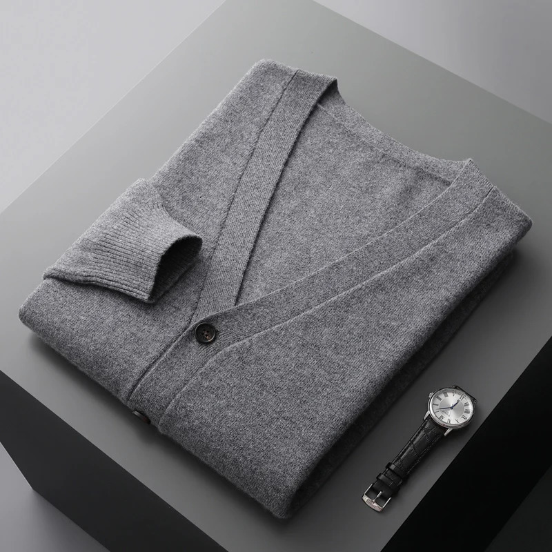 100% merino wool mens cardigan cashmere sweater autumn and winter knitted coat solid color long sleeve high quality coat 240814