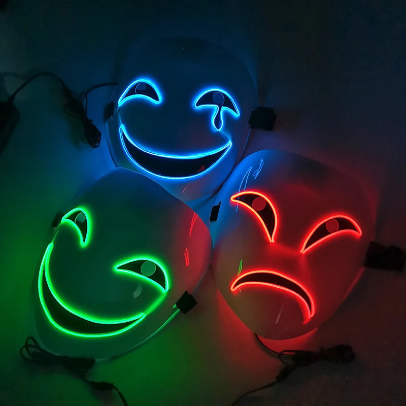 Anime LED Glowing Halloween Mask Full Face Neon Light Up Mask Cosplay Costume Crying Smile Clown Luminous Mask Supplies 240808