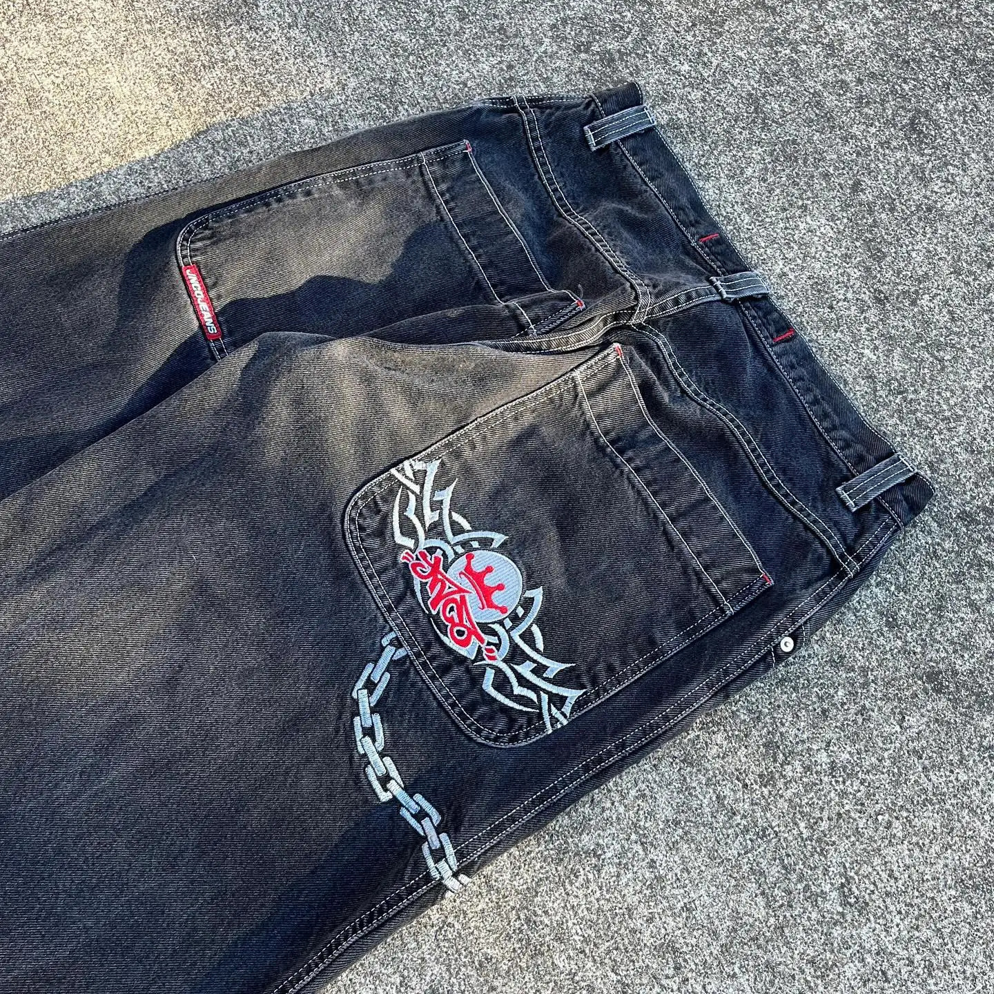 JNCO Chain Embroidery Y2K Vintage Men Jeans Fashion Washed Casual Wide Leg Denim Pants Hip Hop Punk Baggy Trousers Streetwear 240809