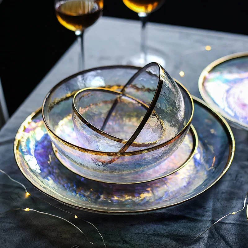 Kinglang Dazzle color painted gold glass bowl dish seven color transparent hammer grain glass plate salad bowl fruit bowl wester 240808