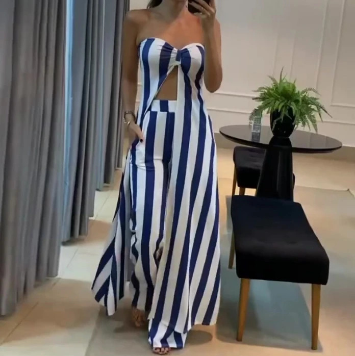 Summer Fashion Womens Two Piece Commuting Striped Print Sexy Open Navel Bra Asymmetric Long Top and High Waist Pants Set 240808