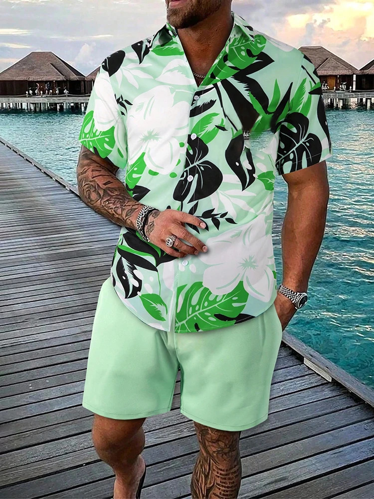 Mens Hawaiian Short sleeved and Beach Shorts Set Beach Resort el Mens Casual Summer Shirt Daily Mens Sports Shorts240807