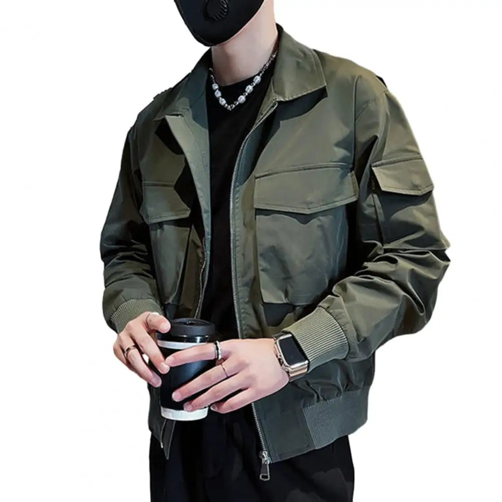 Zipper Jacket Mens Solid Color Closure with Collar Button Multiple Pockets Casual Hip Hop Streetwear Smooth 240819