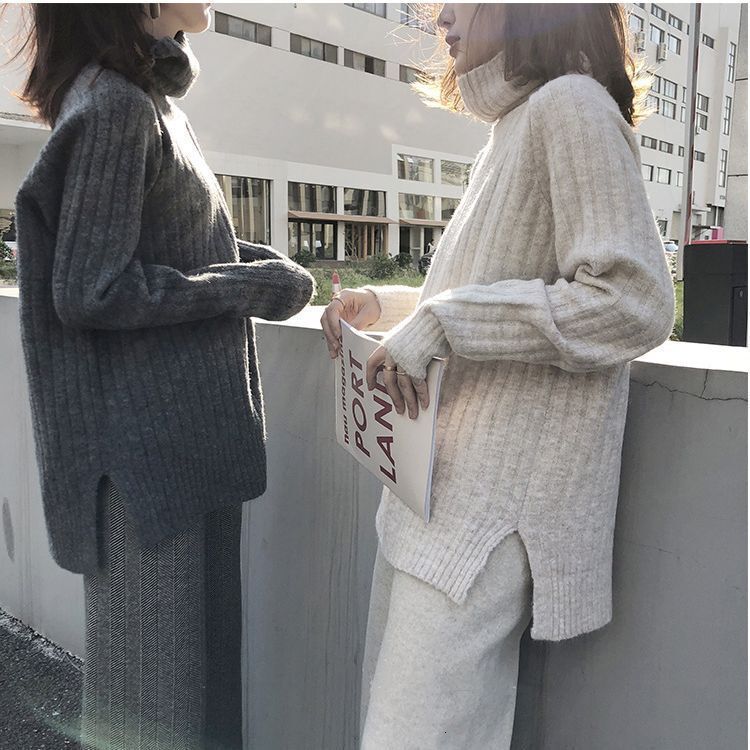 High neck solid color pit stripe Chinese style medium long 2024 autumn and winter new design slit knitted sweater c9aa1 60fb0