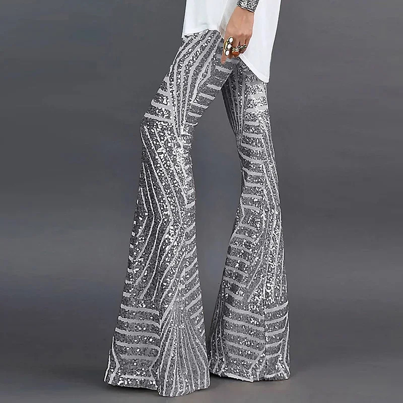 Sequin High Waist Skinny Flare Streetwear Wild Basic Slim Trend Patchwork Pants Casual Pants Summer Womens Pants 240808