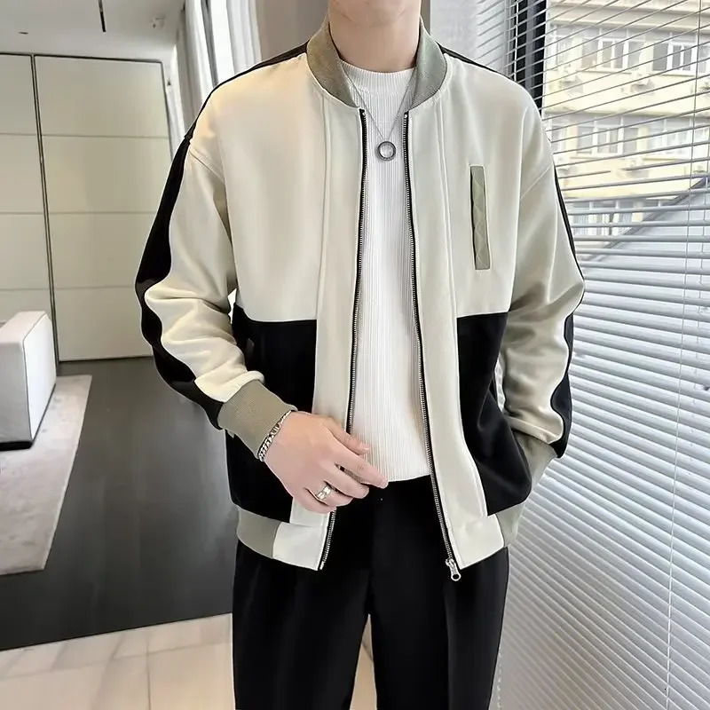 Spring Autumn Lightweight Casual Trendy Mens Jacket Fashionable End Top Versatile Color Block Clergy Collar Baseball Uniform 240807