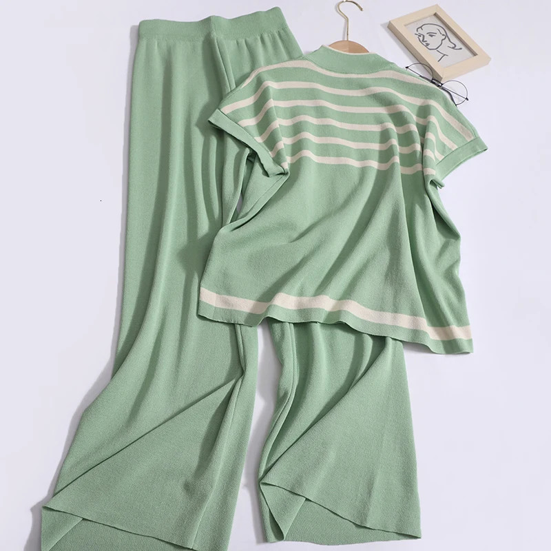Women Casual Striped O-neck Sleeveless Pullover Elastic Band Wide Leg Pants Simple Loose Knit Two-piece Set Spring Summer 240813