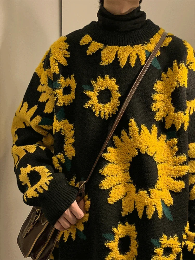 Flocking Floral Sweaters Men Baggy Spring Autumn Japanese Style Retro High Street Harajuku Knitwear Slouchy Ins 240816