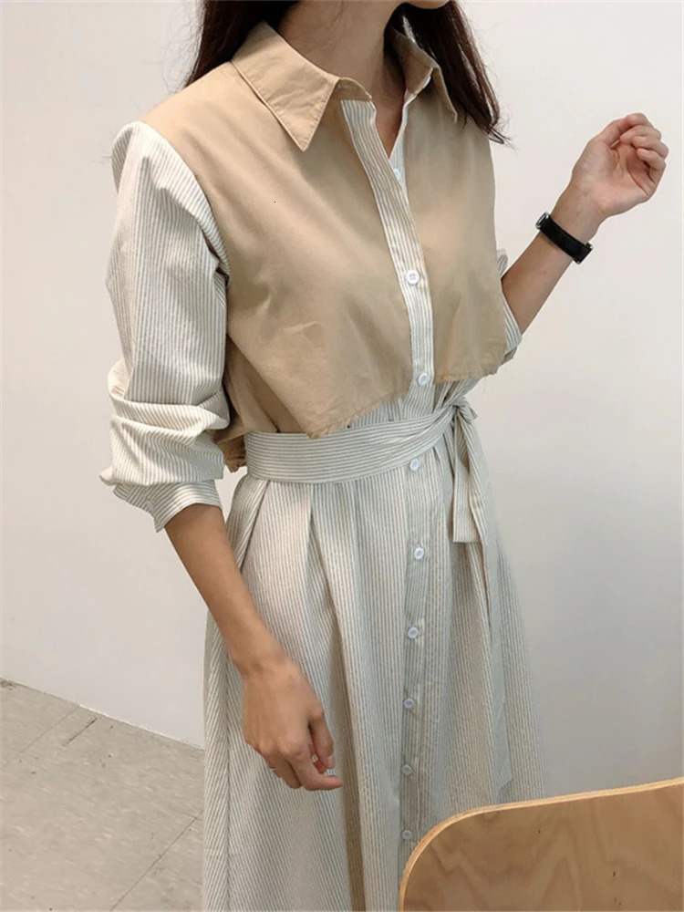 REALEFT Autumn French Striped Womens Shirts Dresses Lace Up Straight Korean Casual Loose A-Line Long Dress Female 240808