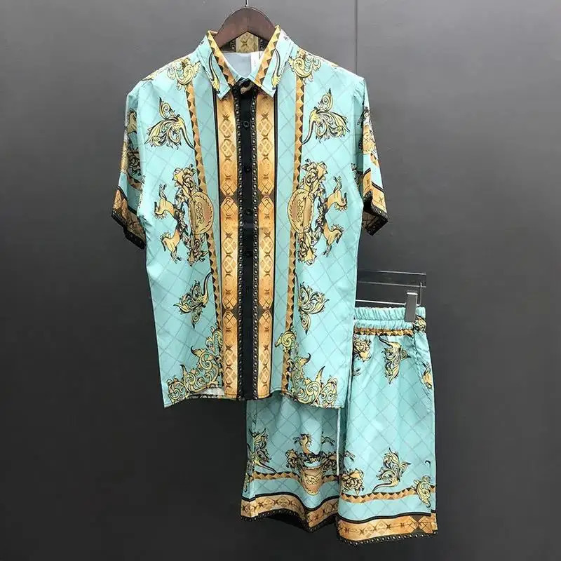 2024 Baroque printed color contrast short sleeved T-shirt 2-piece set for mens sportswear top and short sleeved track and field suit mens suit240807