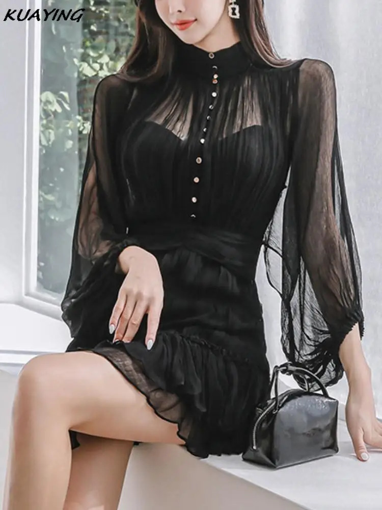 Solid Chiffon Lantern Sleeve Casual Party Mini Dress C260312