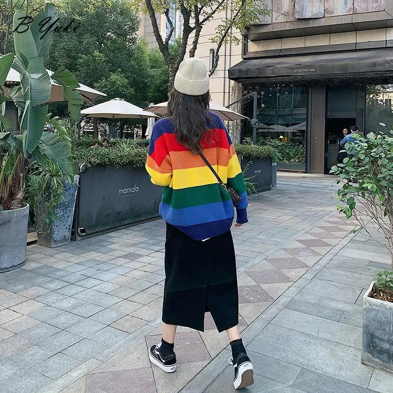 Blessyuki Oversized Knitted Rainbow Sweater Women Fashion Stripes Contrast Round Neck Pullover Sweater Casual Loose Cute Jumper 240808