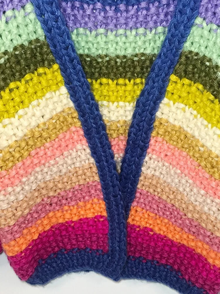 Thick Striped Crochet Knit Cardigans Multicolor Casual Long Sleeve Open Stitch Sweaters Women Loose Handmade Streetwear 240808