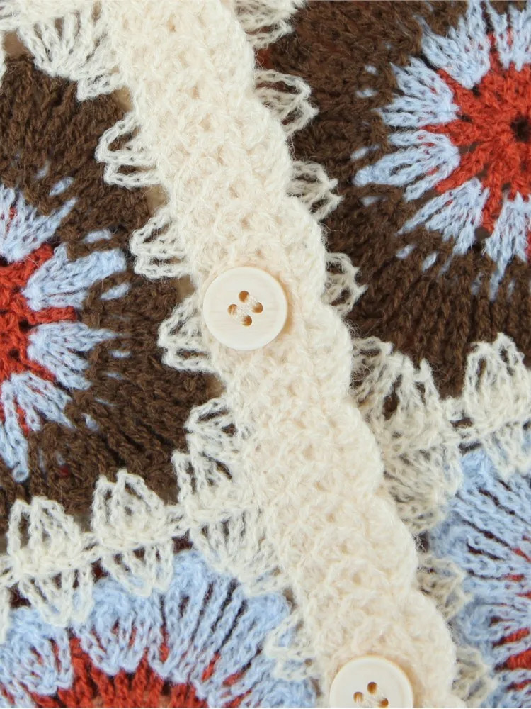 BOHO Hollow Out Crochet Geometric Flower Short Sleeve Cardigan Women Summer Holiday Front Buttons Lapel Sweater Crop Tops 240808
