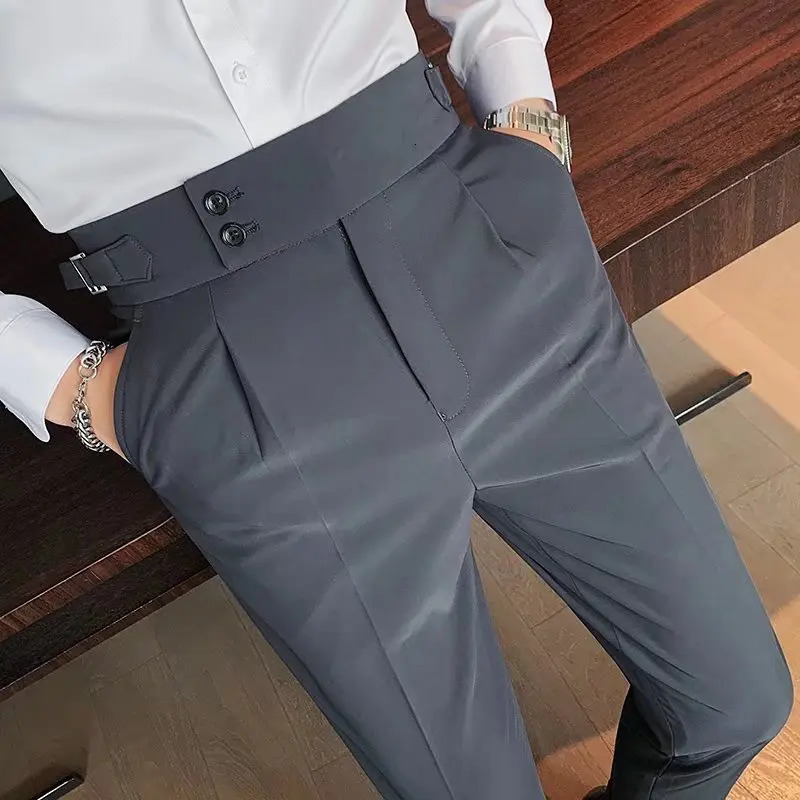 Oldyanup Men Naples Suit Pants Slim Fit Pencil Pant Spring Autumn High Waisted Button Fashion Business Casual Trousers Male 240807