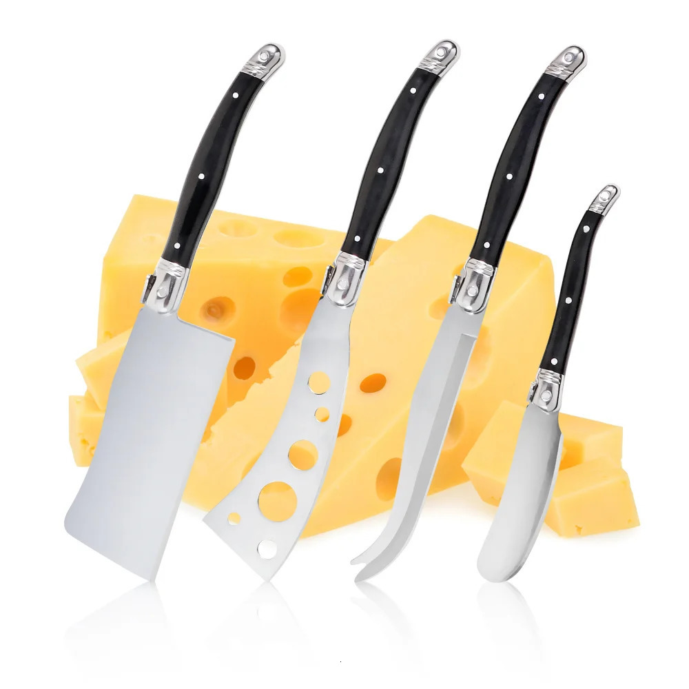 Jaswehome Laguiole Cheese Knife Set Butter Spreader Black ABS 2CR14SS Cutting Spear Pizza Fork Smart Tool 240807