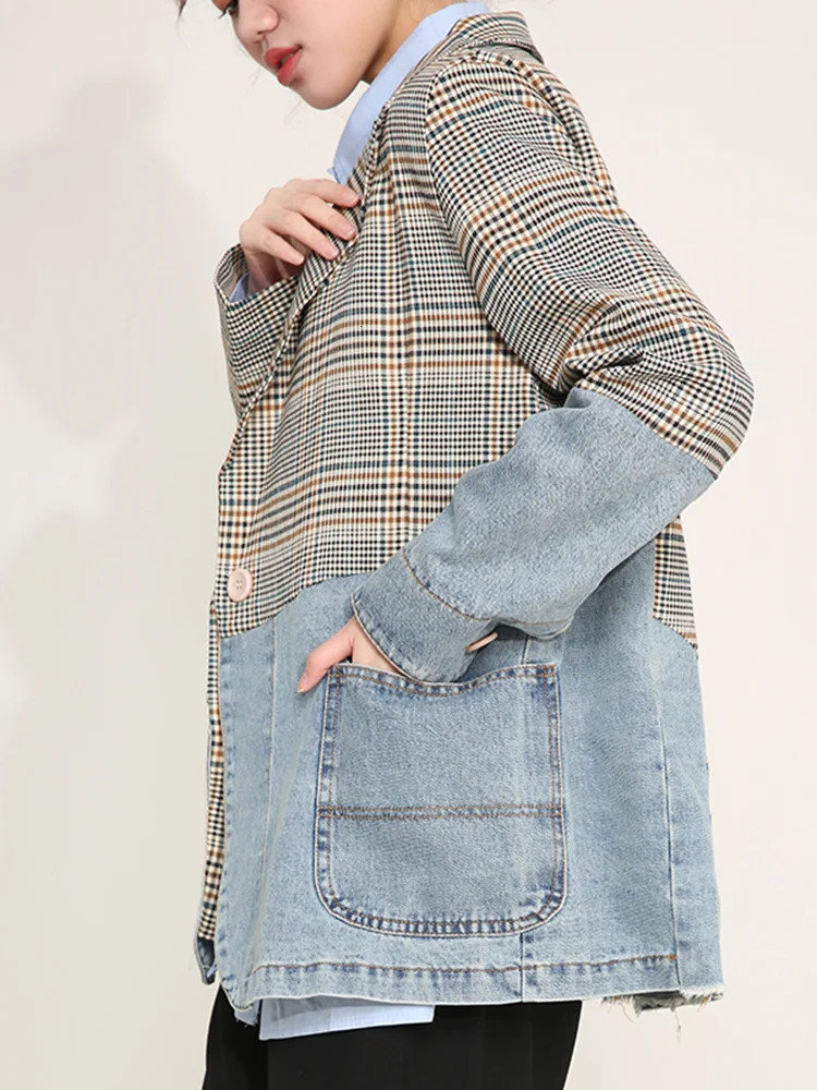 EAM Women Blue Plaid Denim Big Size Blazer Lapel Long Sleeve Loose Fit Jacket Fashion Spring Autumn 1DD641005 240808