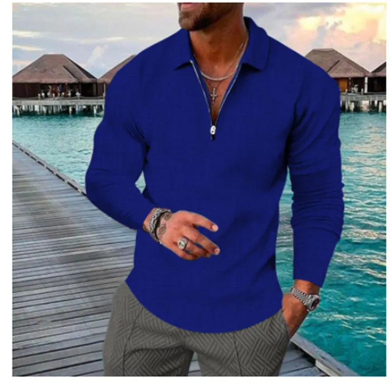 Mens spring and autumn large size long sleeve lapel zipper high-grade casual shirt POLO shirt 240814