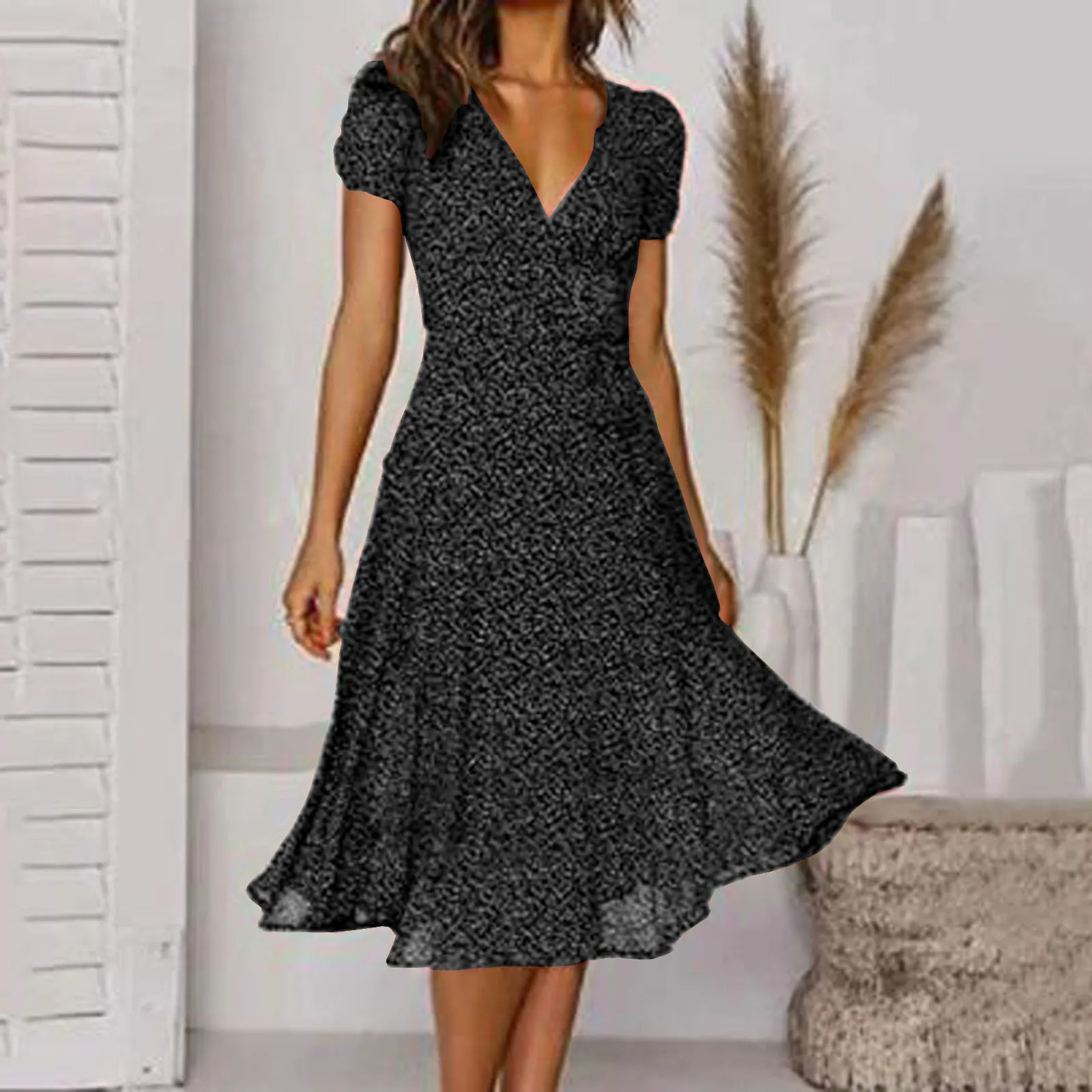 Summer Dresses Ladies Fashion Vintage Polka Dot Print Short Sleeve Dress Casual V Neck High Waisted Chiffon Long Dresses 240808
