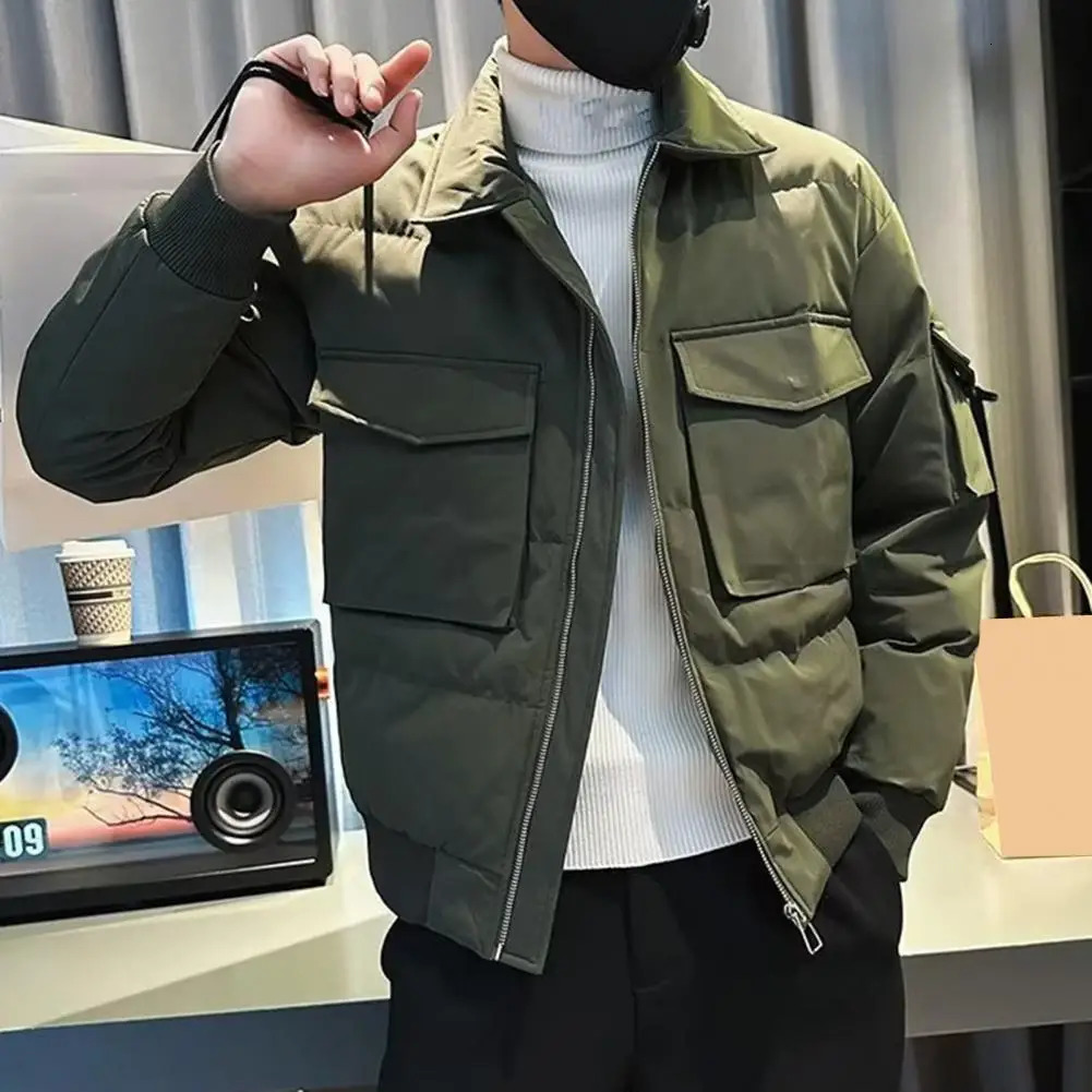 Zipper Jacket Mens Solid Color Closure with Collar Button Multiple Pockets Casual Hip Hop Streetwear Smooth 240819