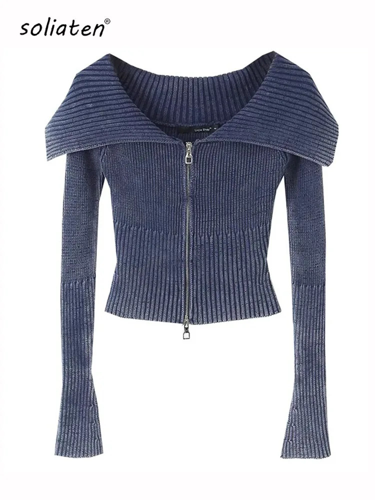 Autumn Y2K Knitted Women Cardigan Sweater Wrist Sleeve Slim Turn-Down Up Collar Double Zippers Female Crop Top C-192 240808