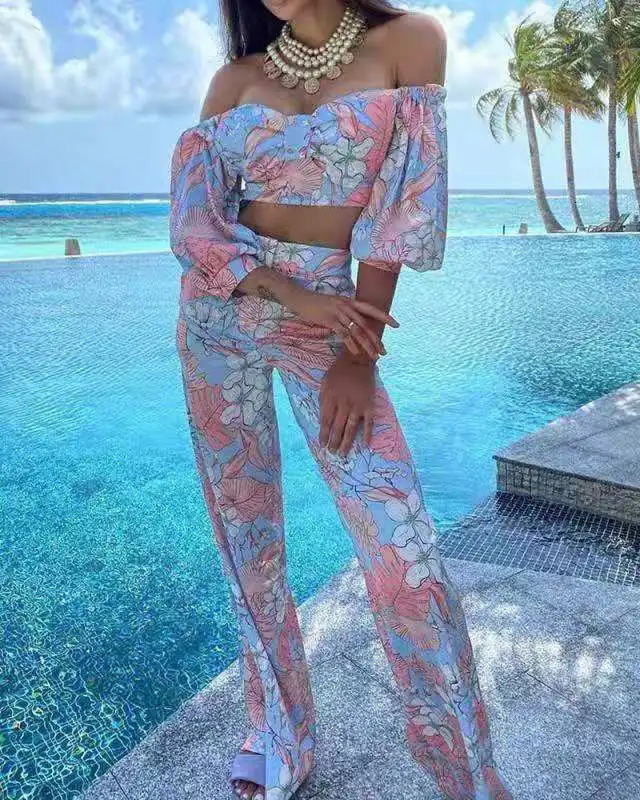 Female Short Sleeve 2pcs Outfit Summer Fashion Sexy Printed Boho Crop Top High Waist Pants Suit Women Two Piece Set 240813
